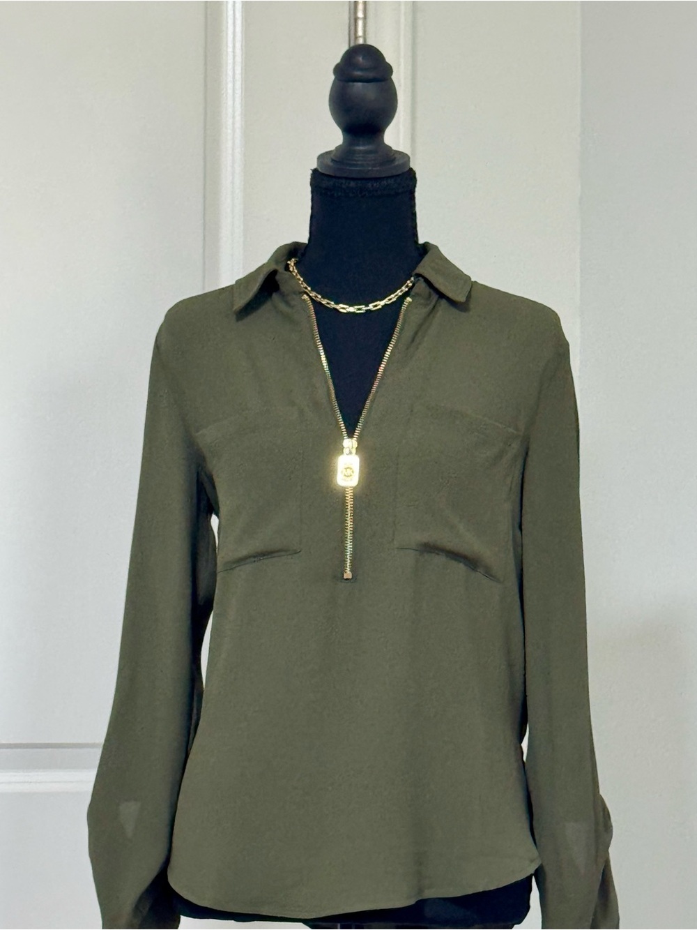 Michael Kors Olive Green Zip-Front Collared Blouse